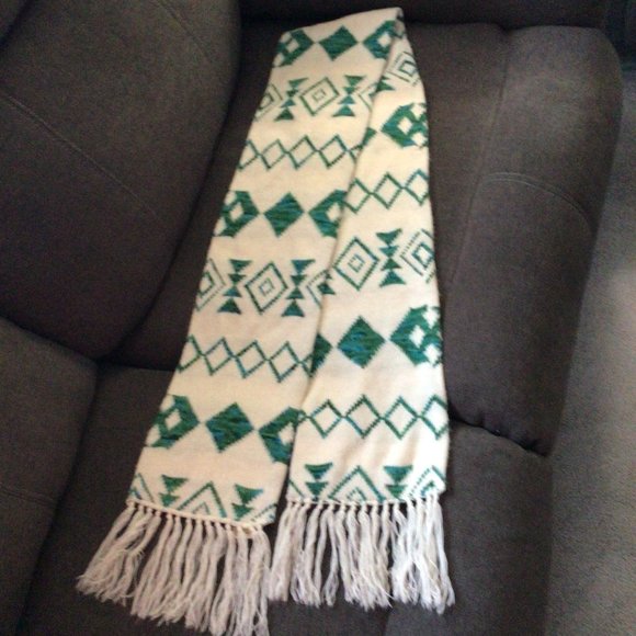 Accessories - Double Thick Winter Scarf With Fringe Cream Green Teal